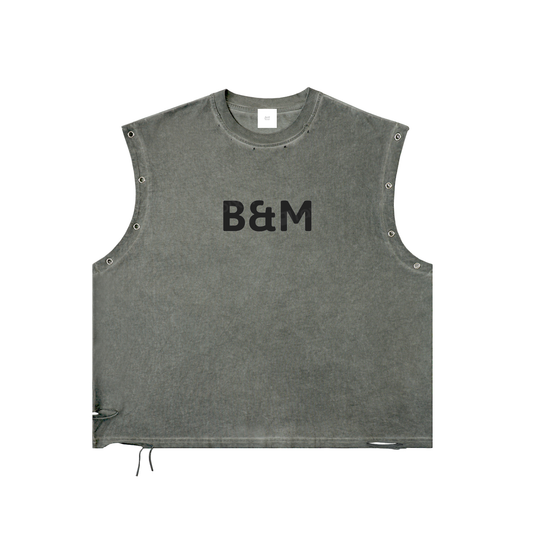 Gray sleeveless shirt with button details on a white background