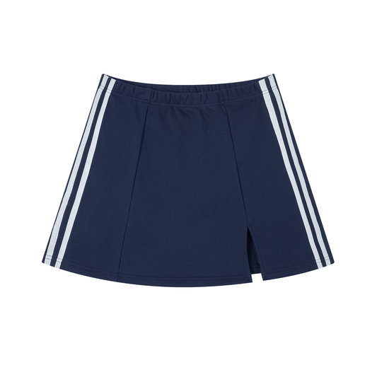 Navy shorts with white stripes on a white background