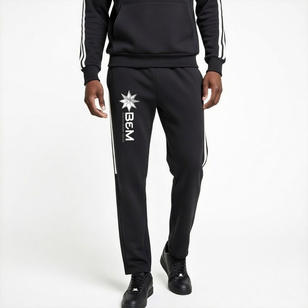 Black tracksuit with 'BEM' logo on pants against a white background