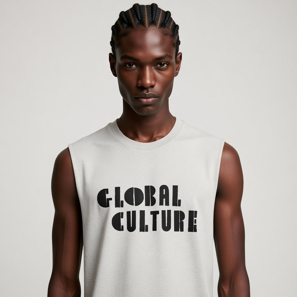 Man wearing a sleeveless shirt with 'GLOBAL CULTURE' text on a plain background
