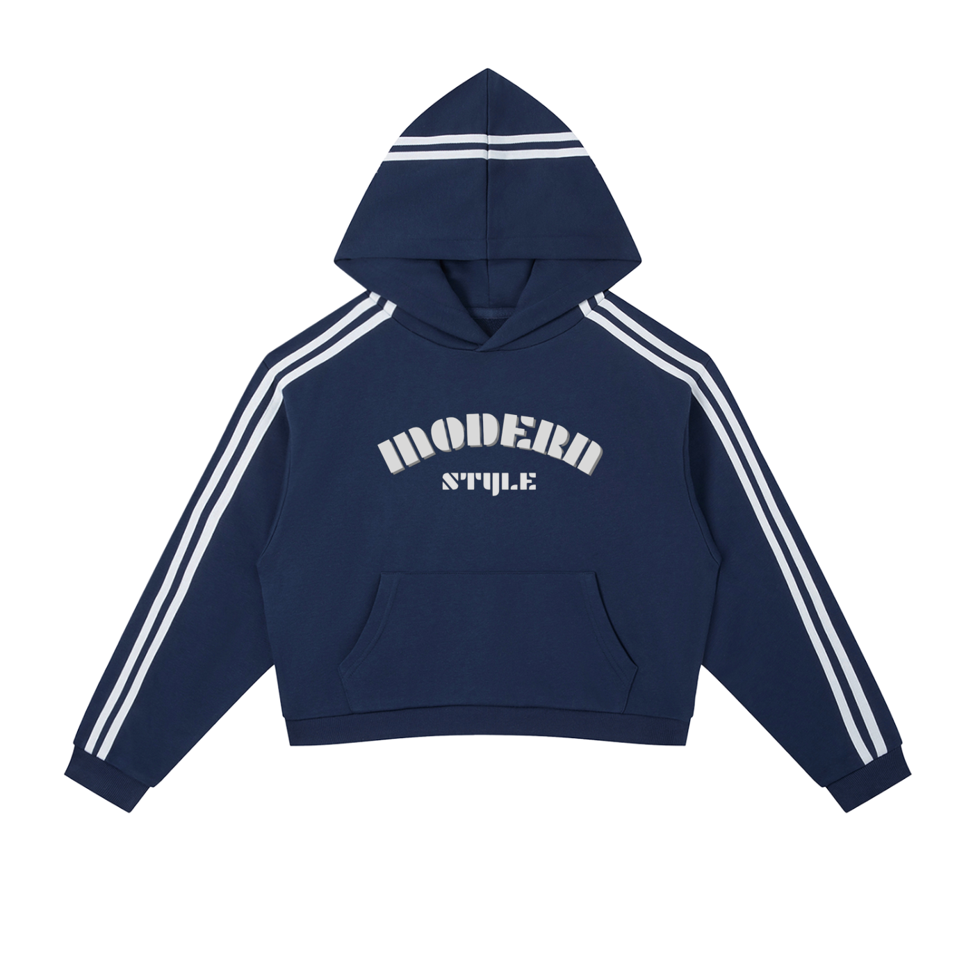 Navy blue hoodie with white stripes and 'Modern Style' text on a white background