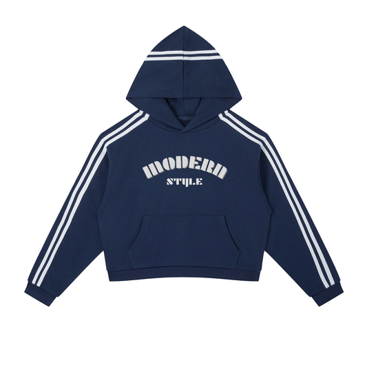 Navy blue hoodie with white stripes and 'Modern Style' text on a white background