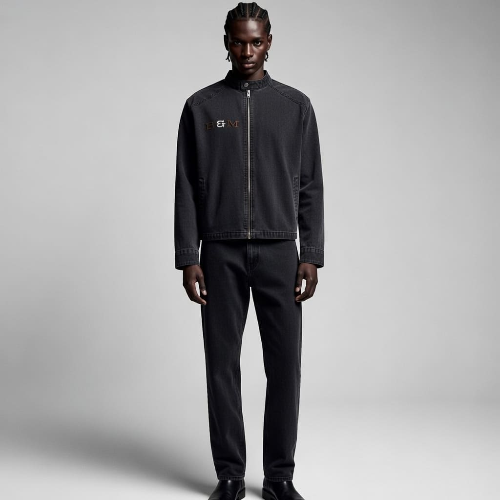 Person wearing a black jacket and pants on a gray background