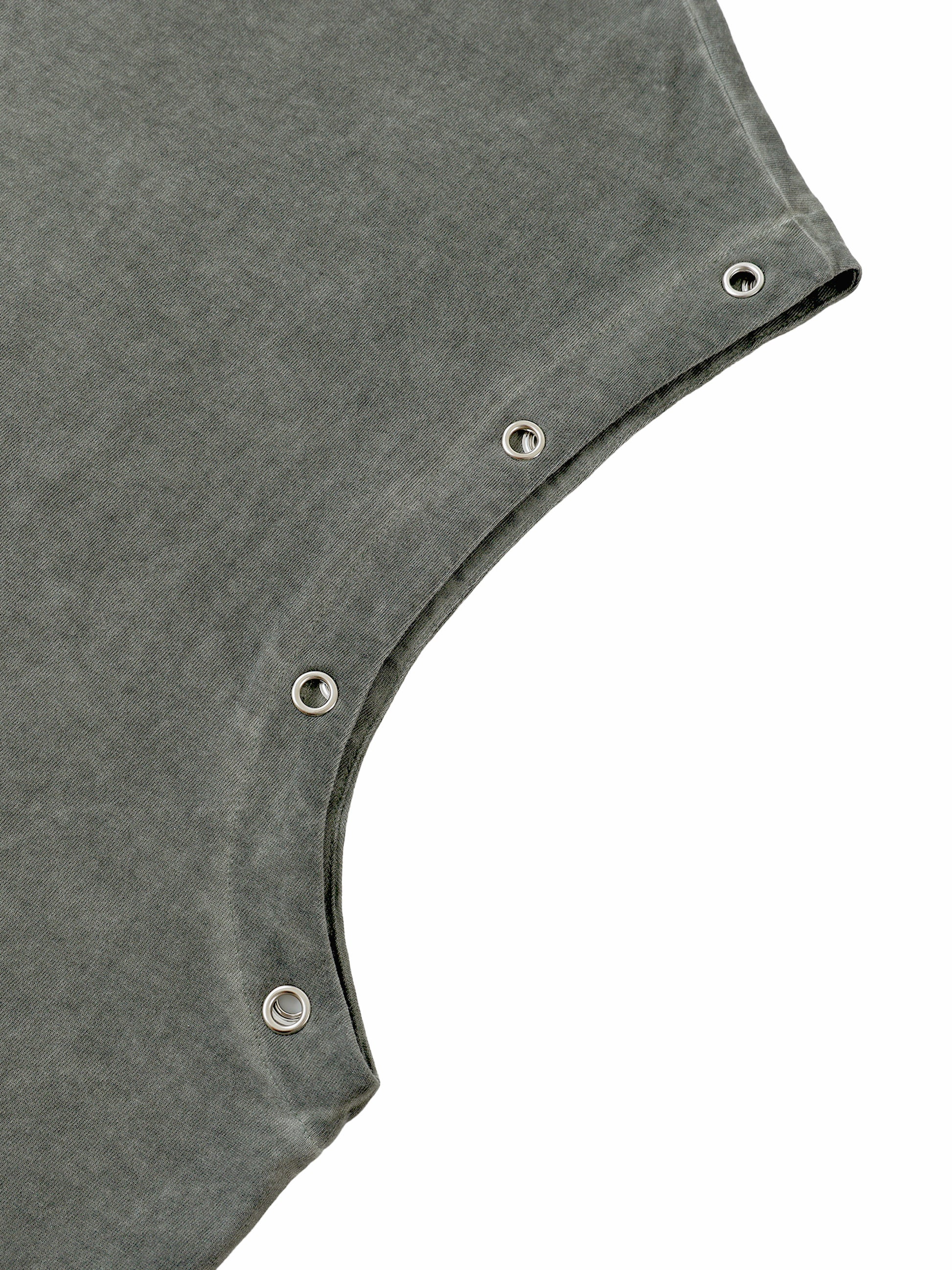 Gray fabric sleeveless garment with button details on a white background