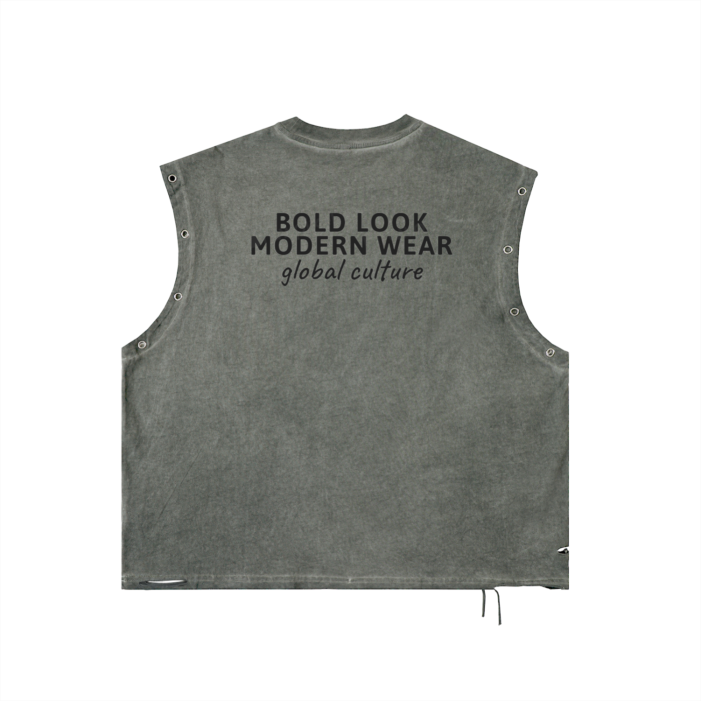 Gray sleeveless vest with 'Bold Look Modern Wear global culture' text on a white background.