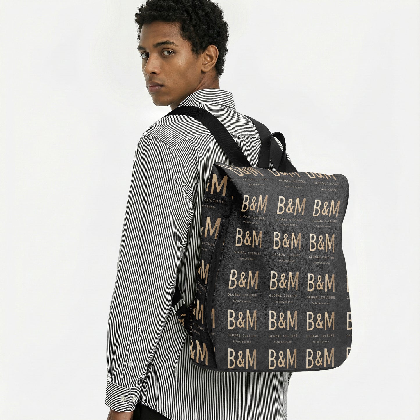Person wearing a backpack with 'B&M' branding on a plain background
