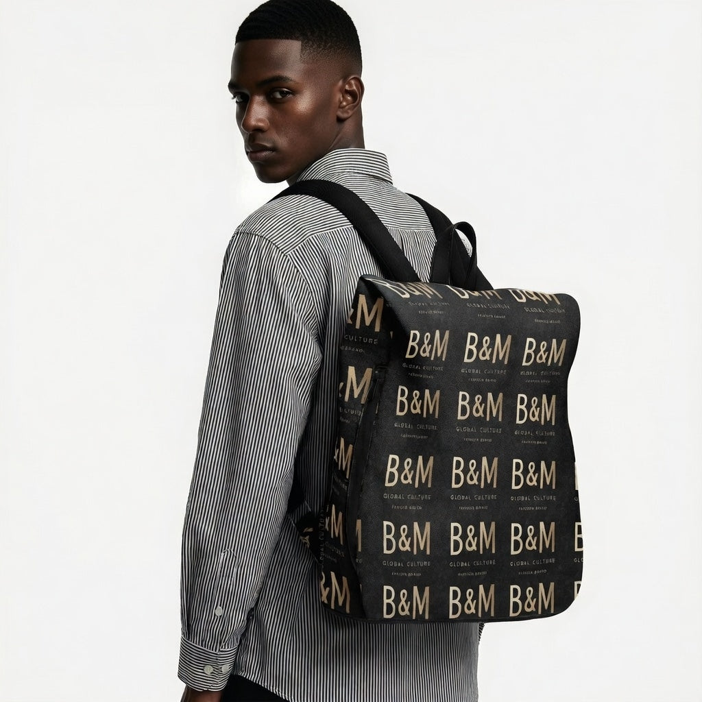 Man wearing a backpack with 'B&M' branding on a white background