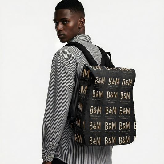 Man wearing a backpack with 'B&M' branding on a white background