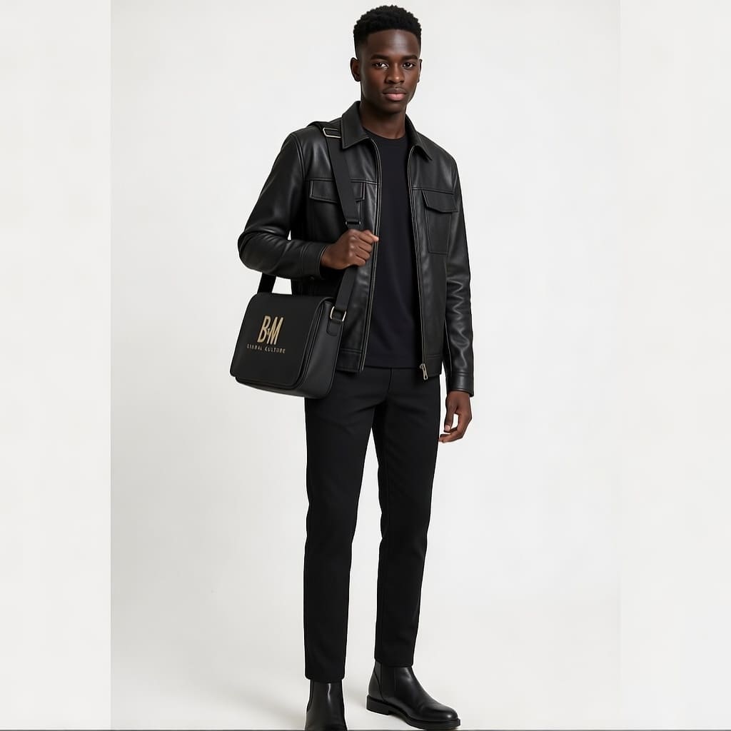 Man holding a black leather bag with gold logo on a white background